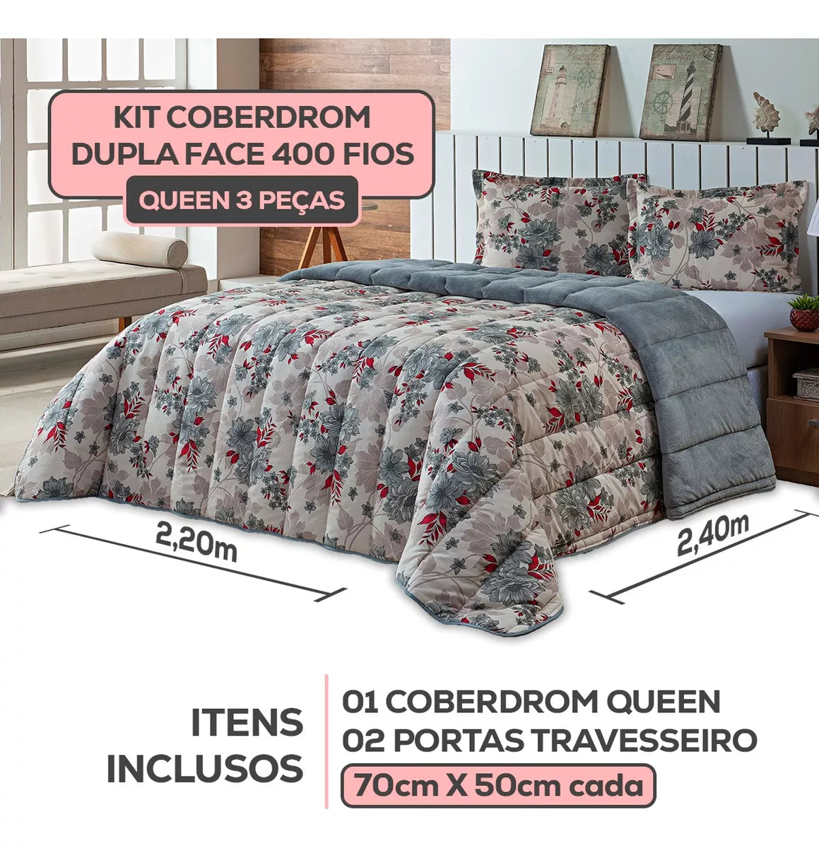 Kit Coberdrom Casal Queen Jogo Cama Dupla Face 400 Fios - Image 2